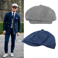 mens newsboy caps cotton spring autumn octagonal hat male high quality dark blue flat cap solid vintage painter hat blm113