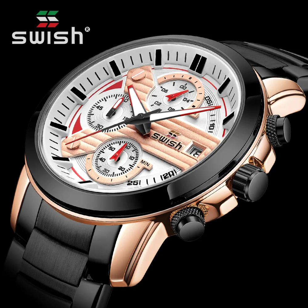 

SWISH Relogio Masculino Stainless Steel Watch Men Top Brand Luxury Fashion Chronograph Quartz Wrist Watch Waterproof Sport Clock