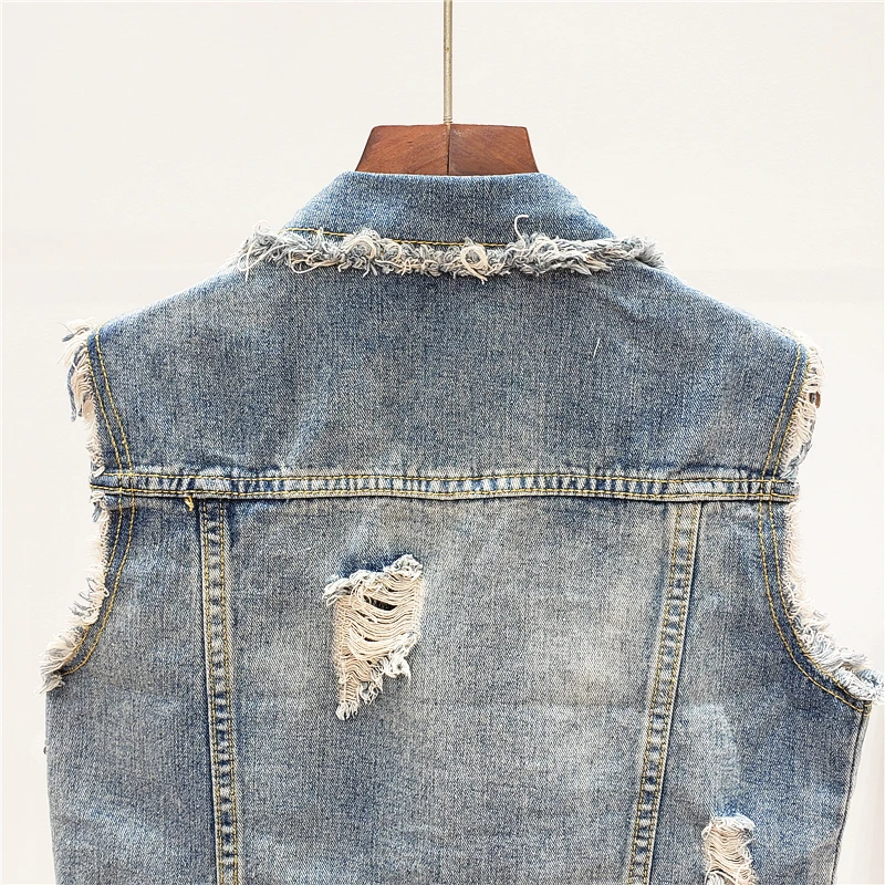 Summer Fashion Beading Diamonds Flowers Waistcoat Women Denim Vest Frayed Holes Sleeveless Jacket Female Slim Short Jeans | Женская