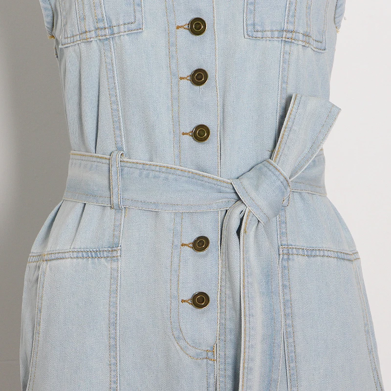 

TWOTWINSTYLE Casual Denim Women Jumpsuit O Neck Sleeveless High Waist Lace Up Bowknot Long Loose Jumpsuits Female Fashion New