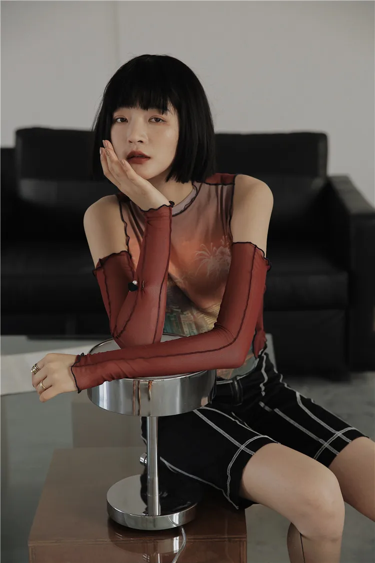 Сетчатая водолазка футболка с рисунком ночной сцены женские футболки открытыми