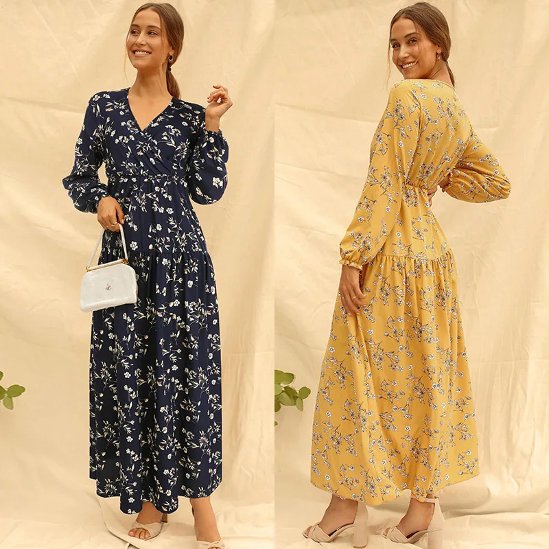 

Women's V-neck Long Sleeve Printed Skirt Long Floral Dress Polyester Fashion Leisure Mini Skirt Woman Dress
