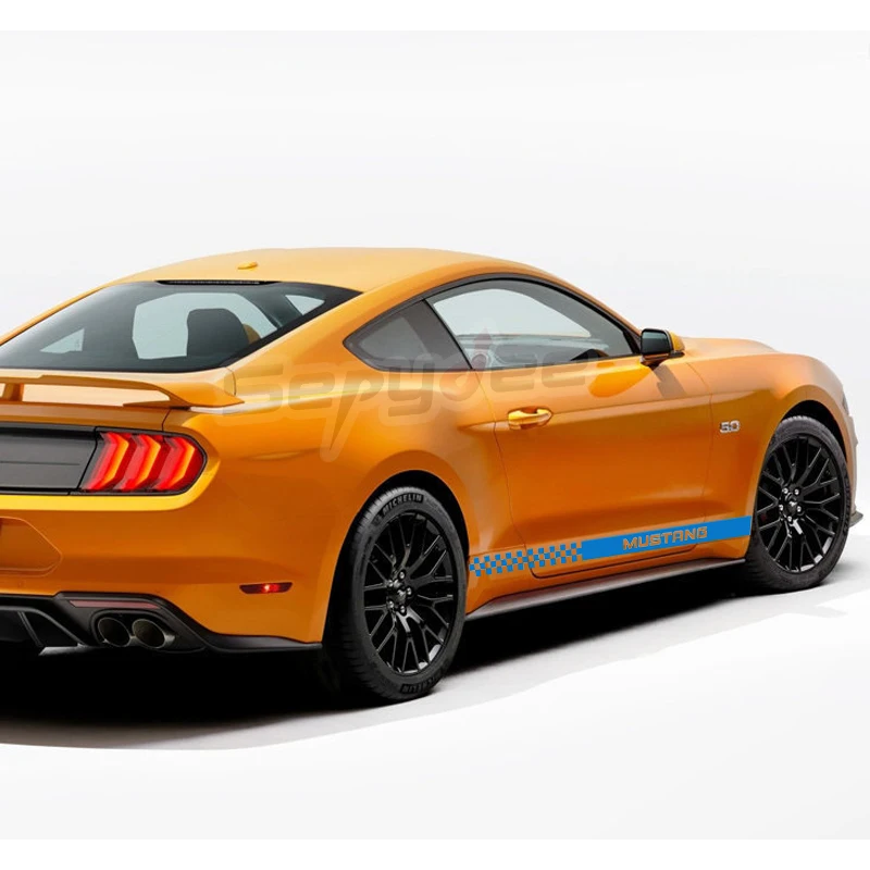 

2Pcs Car Styling Side Skirt Stripes Sticker Checkered Graphic Vinyl Decal For Ford Mustang GT Shelby Boss 302 Car Accessories