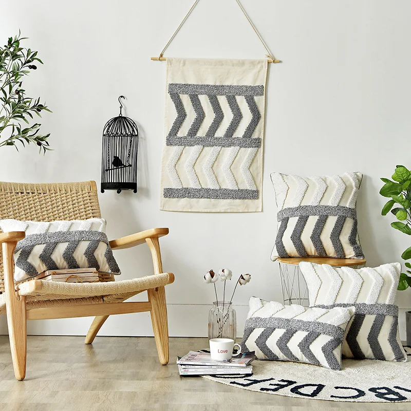 

Living Room Decoration Sofa Cotton Canvas With Tassel Pillowcover Plaid Tufted Embroidery Throw Cushion Cover Pillowcase 40743