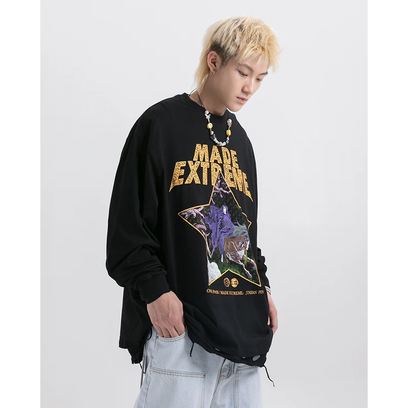 Ретро Уличная Мужская футболка с длинным рукавом в стиле хип хоп Харадзюку