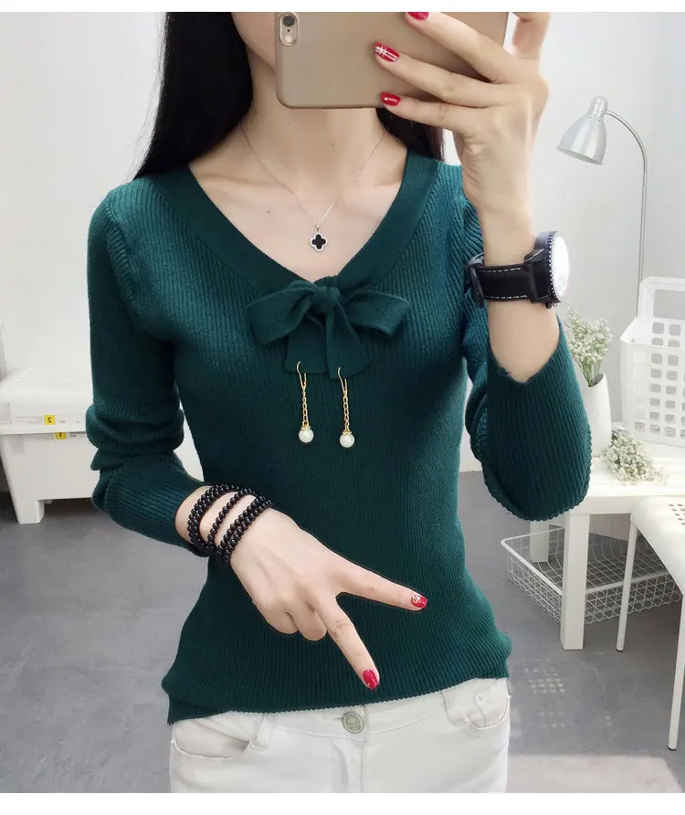 

New style bottoming shirt slim and thin sweater women's bow V-neck solid color long sleeve Pullover