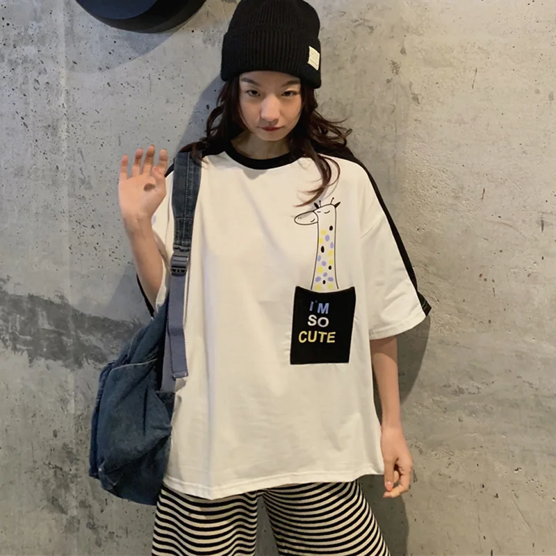 

Футболка женская с мультяшным принтом, уличная одежда, хлопковая белая Повседневная рубашка в стиле Харадзюку, топ с коротким рукавом, на ле...