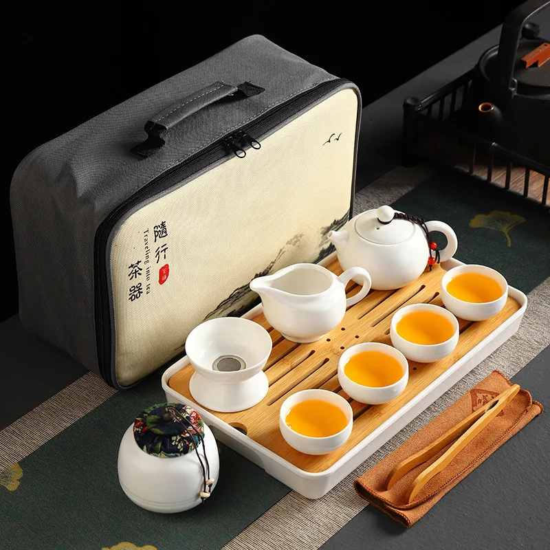 

Чайный набор Kungfu, портативный дорожный чайный набор с чайником, чайными чашками, чайной канистрой, чайным подносом и подарочным пакетиком д...