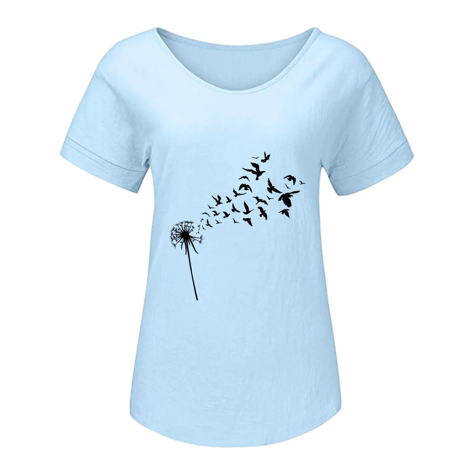 

Dandelion Flower Print Blouse Women Cotton And Linen V-neck Short Sleeves Blouses Soft and Comfortable Blouses