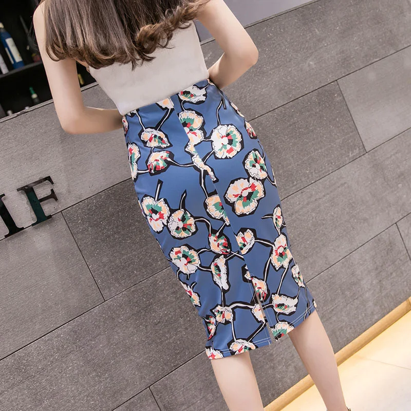 

Women Flower Print Skirt Summer Pencil skirt Digital Graphic European High Waist Slim Midi Skirts Split Lady Female Falda SP608
