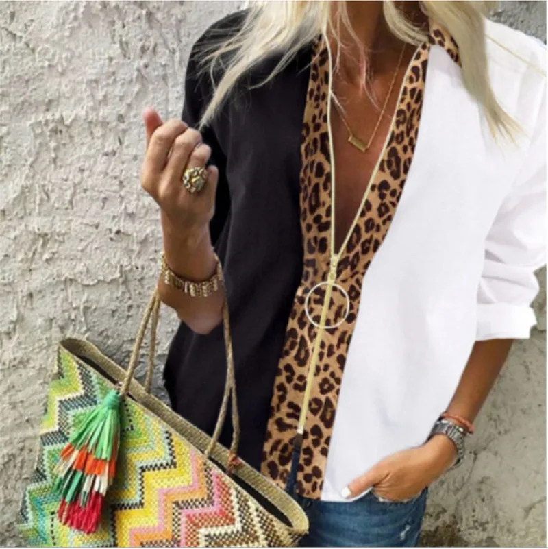 

Fashion Leopard White Spliced Blouse Women Shirts Spring Fall Long Sleeve Zip Up V-Neck Tops Casual Female Plus Size Blouse