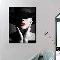 sexy red lips woman posters beauty model with hat canvas painting fashion girl pictures print wall art modern home decor mural