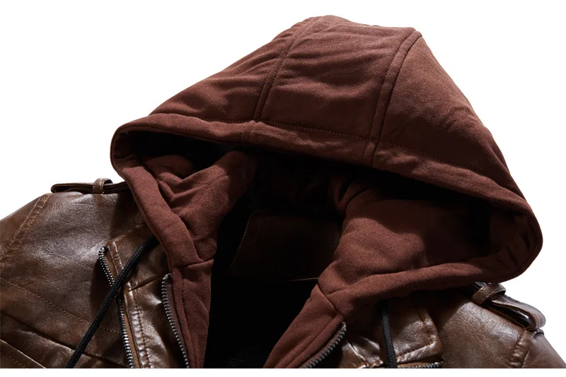 Classic Men Motorcycle Leather Jackets Winter Biker Coat Fashion Casual Hooded Faux Jacket Warm PU Leather Chaqueta Cuero Hombre