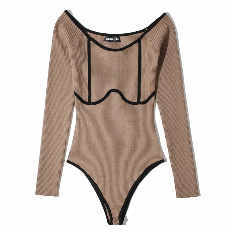 

Sexy Round Color Contrast Color Knitted Bodysuits Women Slim Long Sleeve Jumpsuit 2020 Autumn New Ladies One-pieces Jumpsuits