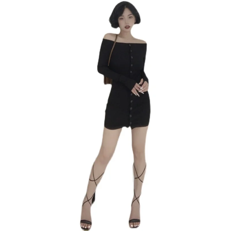 

Getspring Women Dress Long Sleeve Slash Neck Sexy Off Shoulder Dress Black Vintage Sexy Short knitting Spring/Autumn Dresses
