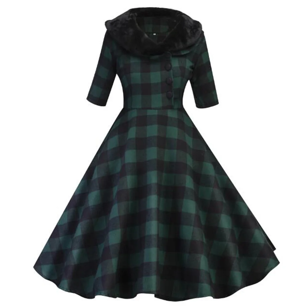 Осенне-зимнее женское платье с воротником из искусственного меха коротким