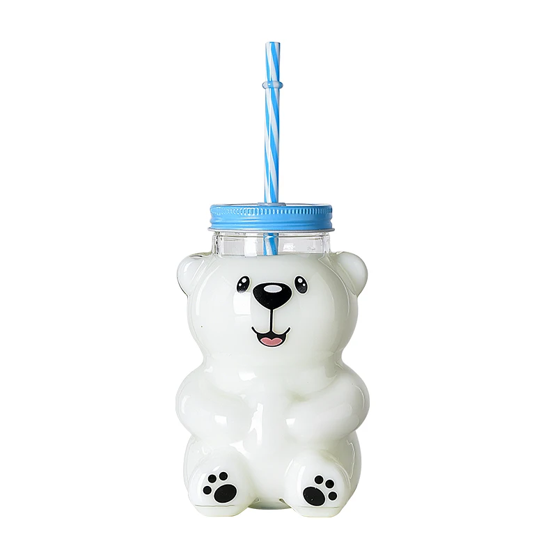 

550ml Cute Cartoon Bear Sippy Cup Creative Heat Resistant Glass Water Bottle With Straw Juice Milk Kids Clear Drinking Bottles
