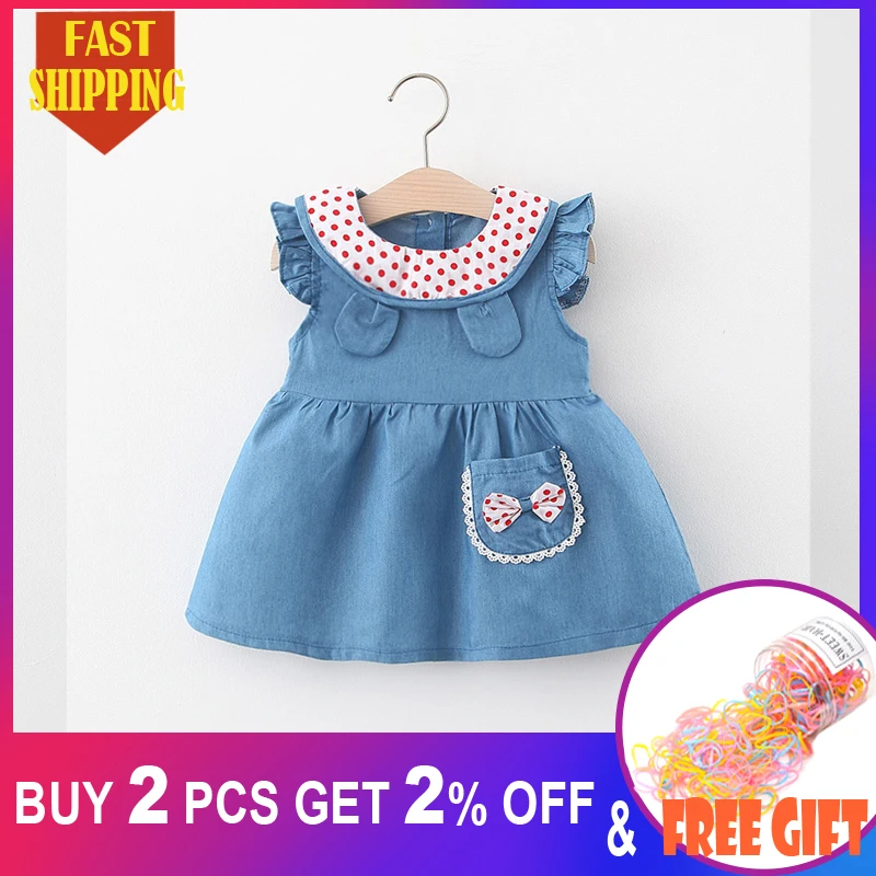 Платья для маленьких девочек 2020 г. Летние детские джинсовые платья в горошек с