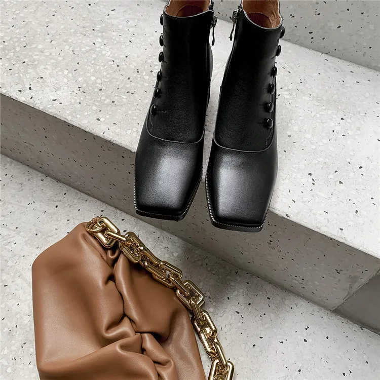 

New Arrivial Retro French Personality Button Ankle Boots Square Toe Thick-heel Mid-heel Side Zipper Single Temperament Boots