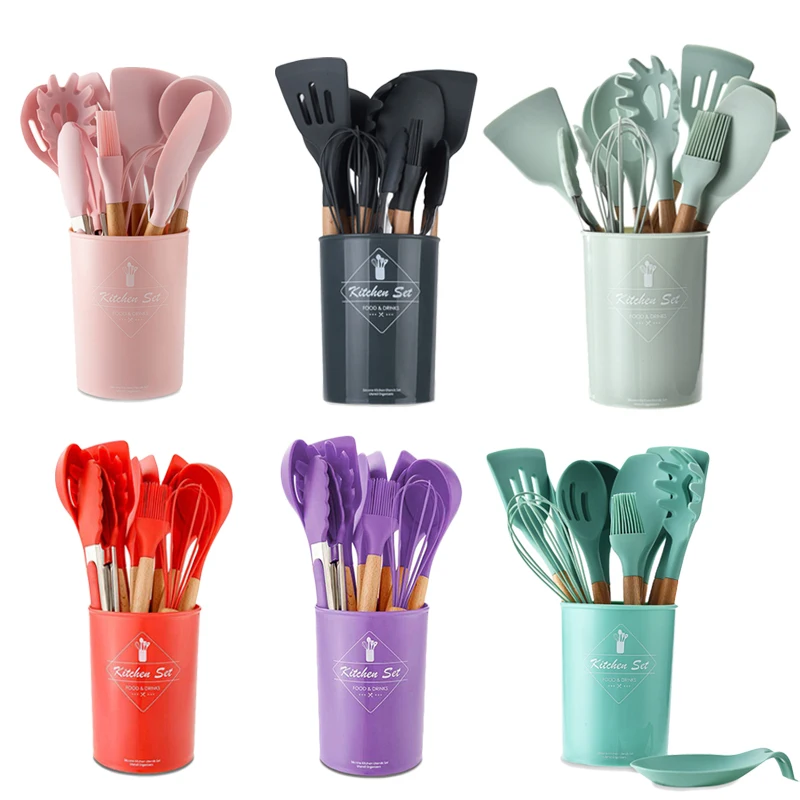 

New 9/10/12PCS Silicone Wooden Handle Cooking Utensils Set Non-stick Spatula Shovel Cooking Tools With Storage Box Kitchen Tools