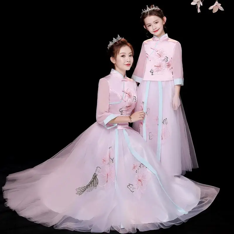 Комплект одежды для мамы и дочки, Qipao Hanfu/ г. Весеннее розовое платье комплект из 2 предметов: топ+ юбка одинаковые комплекты для семьи J57