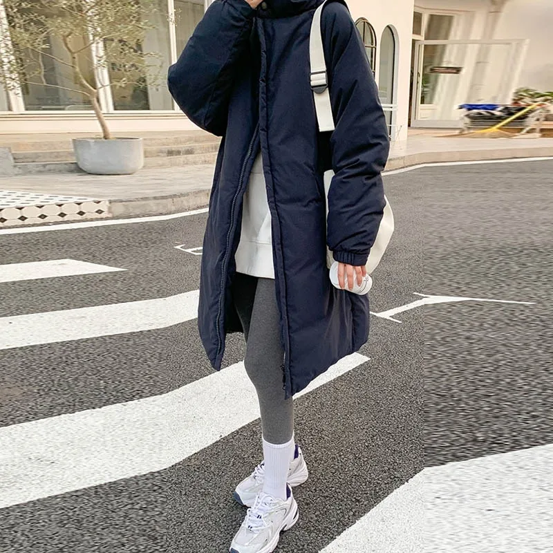 

High-Quality Women Jacket Pockets Oversize Stand Collar Puffer Parkas Female Korean Long Zipper Cotton Long Jacket Winter Parkas