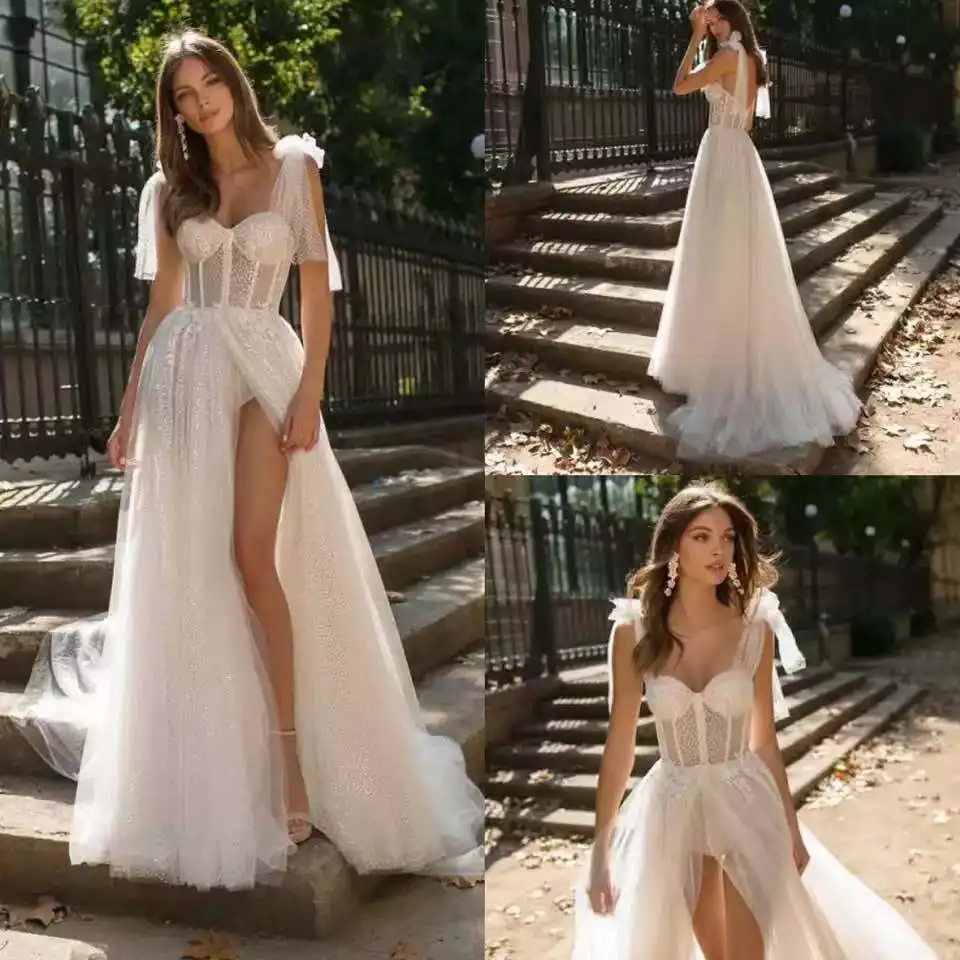 

Boho Glitter Wedding Dresses 2021 Sweetheart Side Split Tulle Beach Wedding Gown Floor Length Bridal Dress Vestido De Noiva