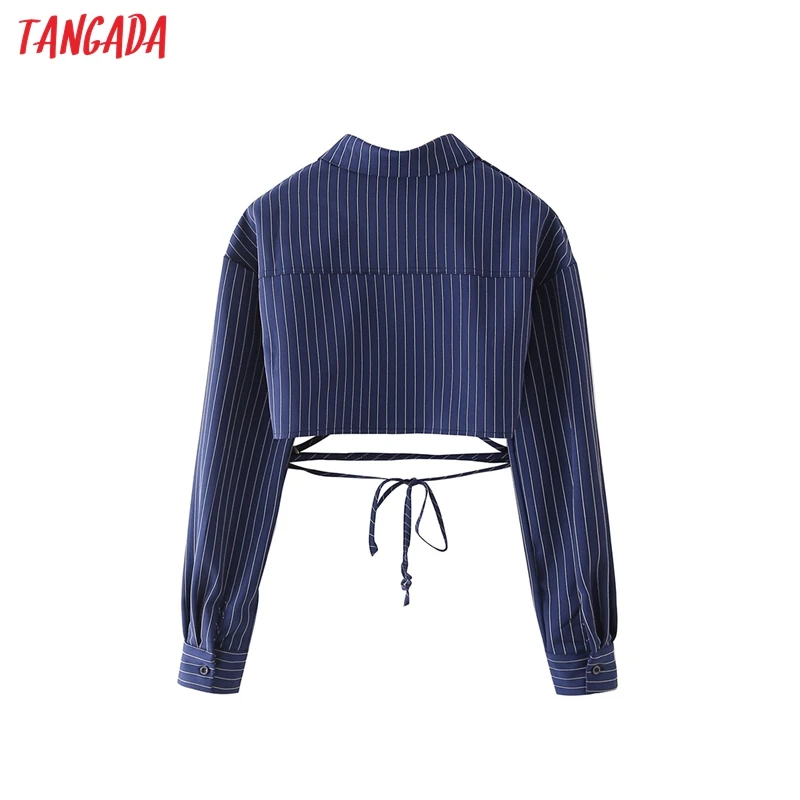 

Tangada Women Retro Striped Blue Crop Shirt Long Sleeve 2021 Chic Female Slim Shirt Tops DA77