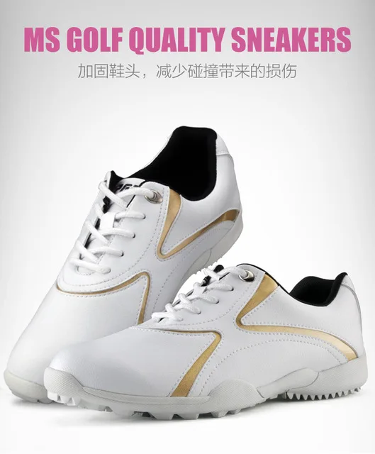 Кеды для гольфа PGM женские водонепроницаемые летние кроссовки белые и золотистые