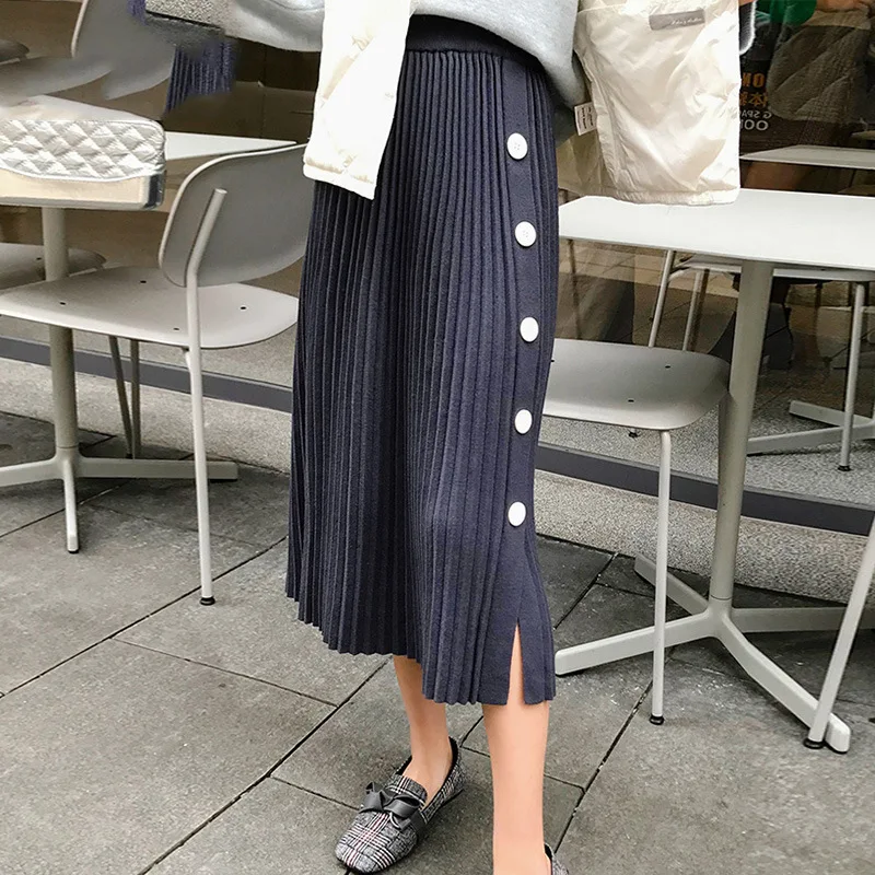 navy blue Осенне-зимние эластичные юбки с высокой талией для женщин s Faldas Mujer Moda Jupe вязаные плиссированные юбки женские тонкие юбки на пуговицах - Цвет: navy blue