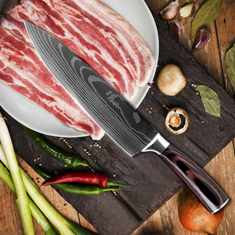 Набор кухонных ножей дамасский лазерный узор 3 шт. японский шеф-повар накири