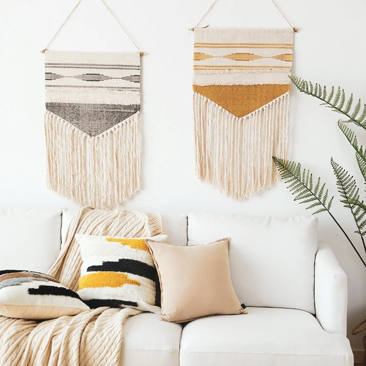 

Vintage Fabric Wall Tapestry with Tassels Nordic Macrame Wall Hanging Decor Bohemian Home Room Bedroom Decoration Accessories