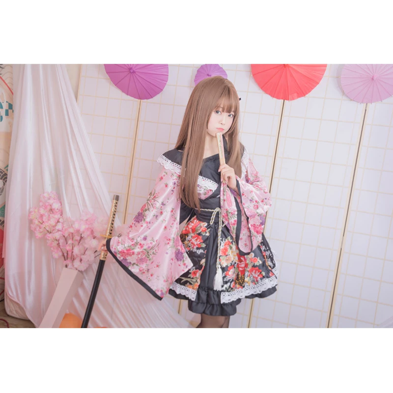 Pink Lovelive/кимоно для девочек; платье японского аниме Kawaii; маскарадные костюмы с цветочным рисунком; причудливая Восточная юката; женская кружевная праздничная одежда в стиле Лолиты - Цвет: Pink