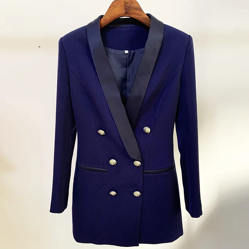 Office Ladies Blazers Women Jackets New 2021 Star Style Dress Fashion Lion Buckles Dress Satin Shawl Collar Suit Clothes