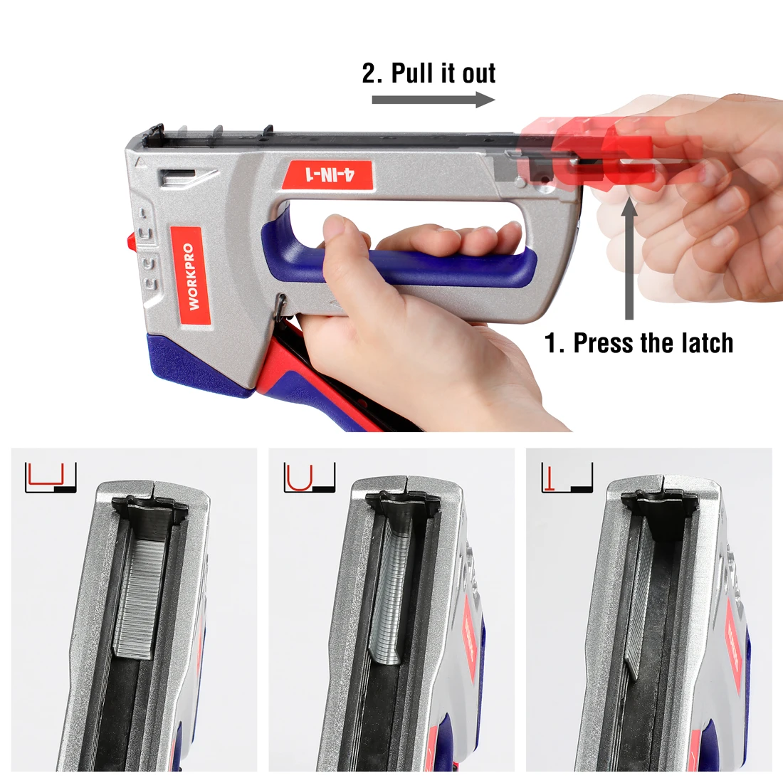 WORKPRO-pistola de grapas de alta resistencia 3 en 1, para bricolaje, mobiliario decoración Hogar, Manual de la grapadora, pistola de clavos con 800 grapas