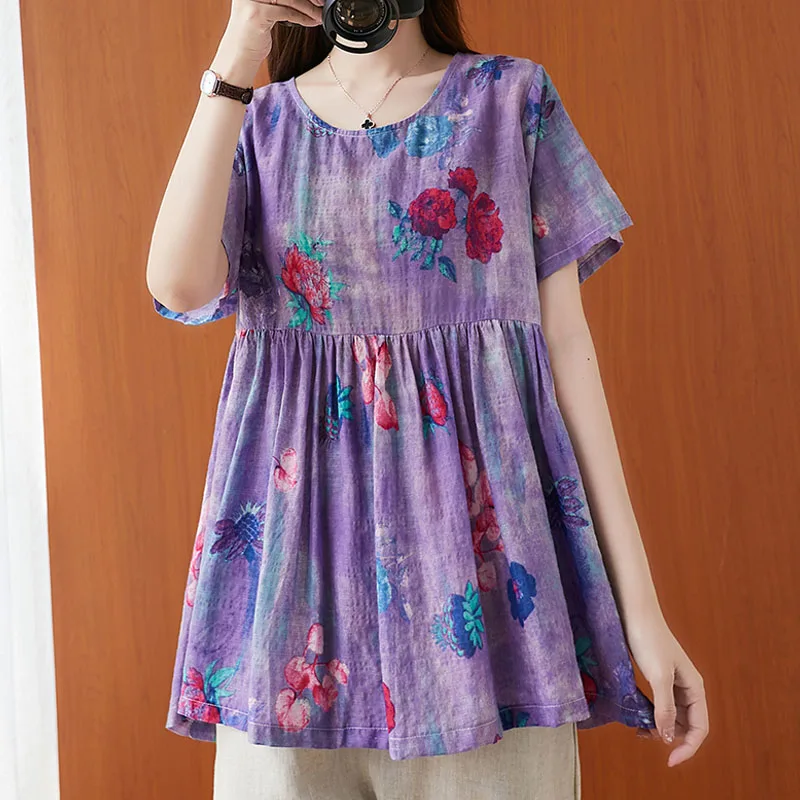 

Plus Size Floral T Shirt Women 2021 Summer New Style Literary Vintage Short-Sleeved Printed Blouse Casual Loose Tee Shirt Female