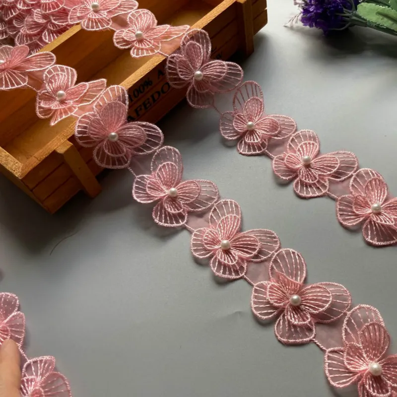 1 ярд розовый с двойной бусиной для ногтей кружевной цветок бабочка кружевная