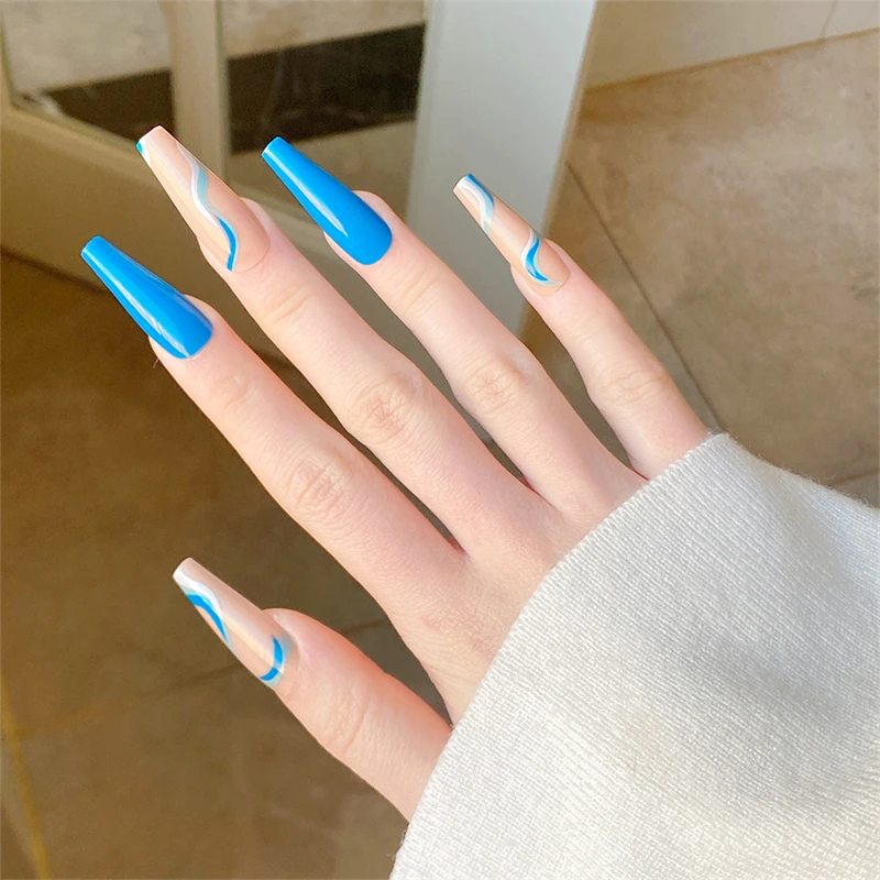 

JP2755-B3 Blue Nails Long Press on Swirl Nails XL Length Mixed Color