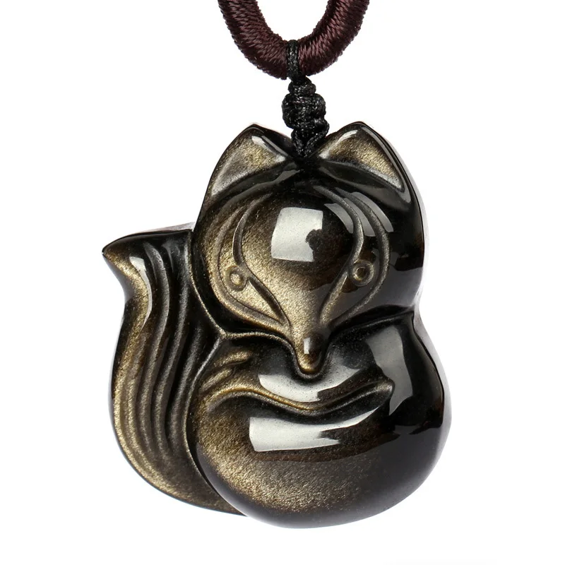 

Natural Stones Golden Obsidian Fox Pendant Free Necklace Black Obsidian Transfer Lucky Crystal Jewelry Energy Stone Gift