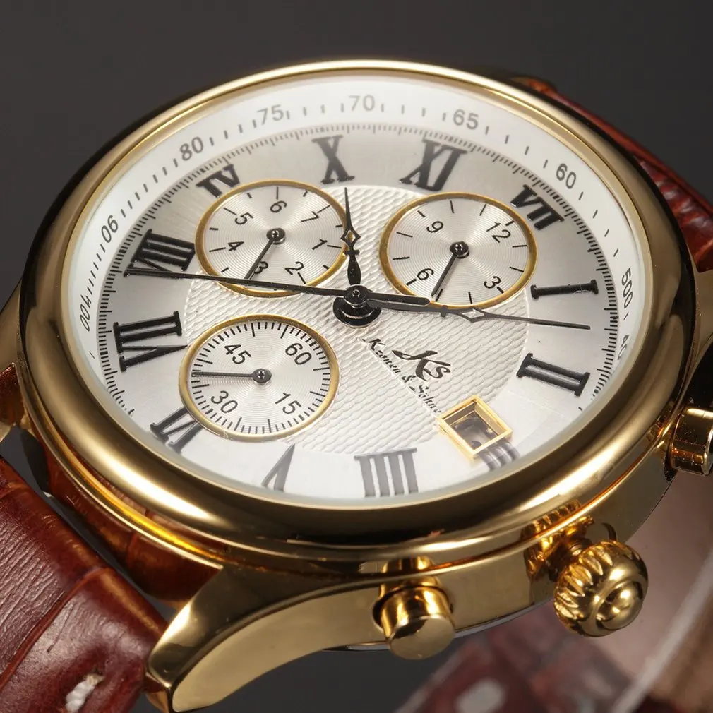 Rose Gold KS146 Роскошная Серия KS Часы для Мужчины Серебряный Корпус из Нержавеющей Стали Коричневый Настоящий Кожаный Ремешок Белый Циферблат Дисплей Дня Даты и 24 Часа Автоматические Механические Мужские Наручные Часы/KS144 - Цвет: Rose Gold KS146