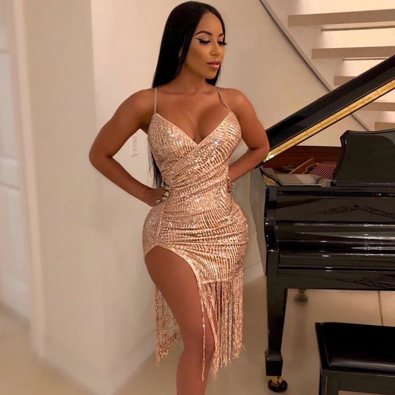 Сексуальное мини платье с блестками для женщин 2021 осень глубоким v образным