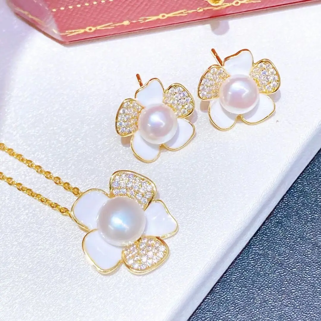 

pearl jewelry set, natural freshwater pearl, exquisite wedding engagement earrings (one earring + one chain) necklaces