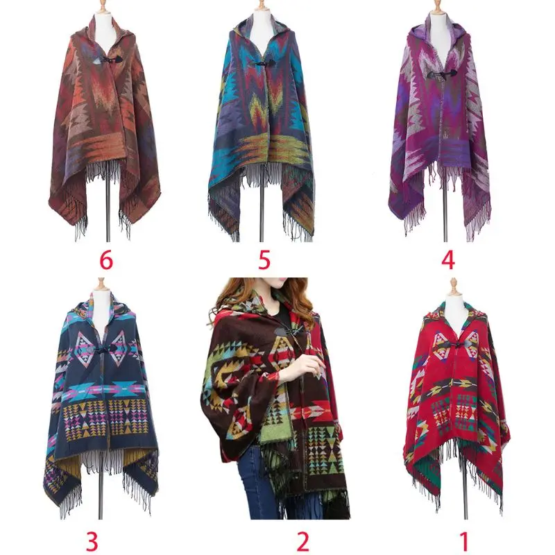 

Women Ethnic Hooded Poncho Tassels Shawl Cape Geometric Pattern Cloak Cardigan X7XC