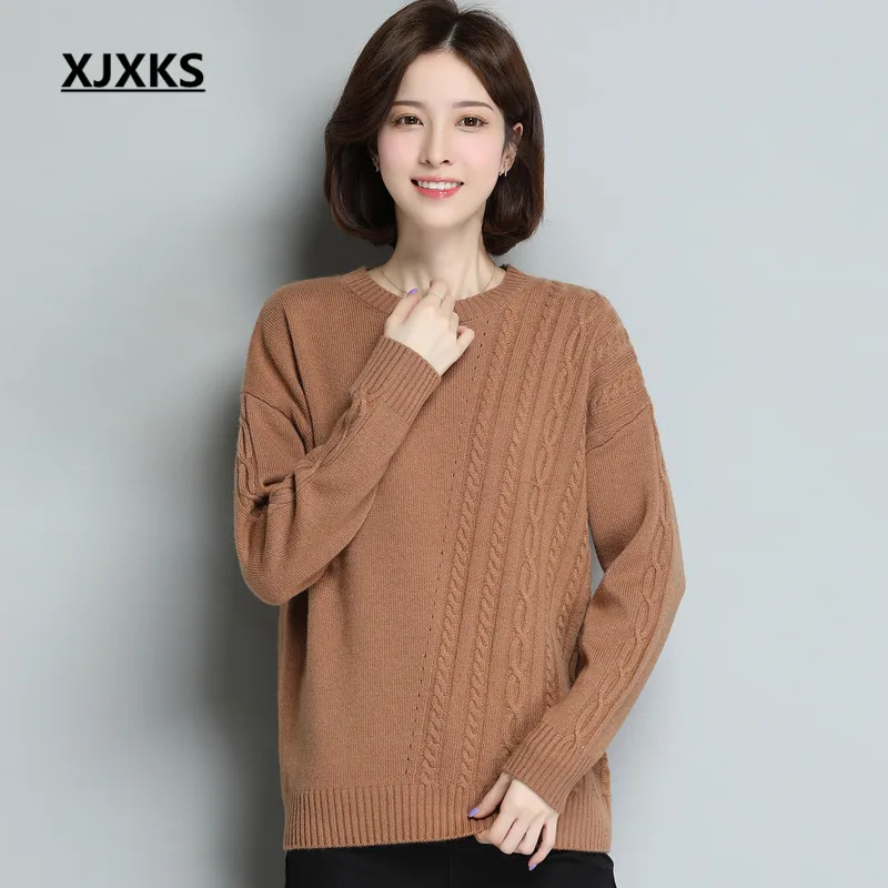 XJXKS Round neck long sleeve women sweater autumn winter new large size comfortable cashmere knitted sweater women pullover - Цвет: Коричневый