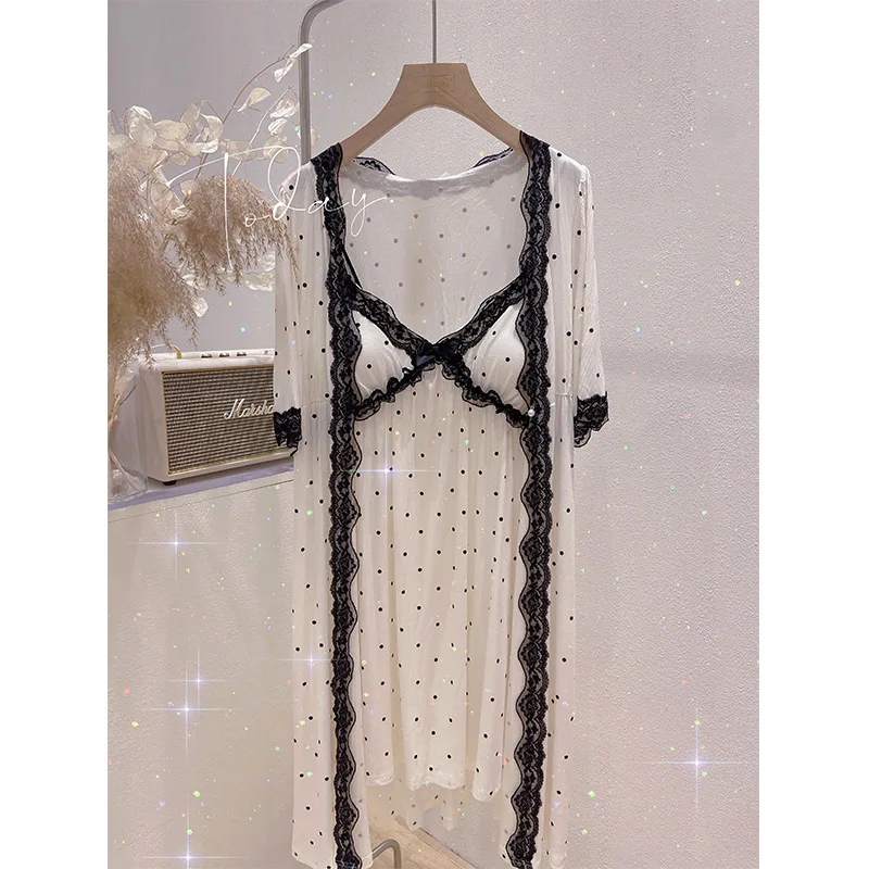 

Sweet and Sexy Summer Dressing Gown Women's Lace Short-sleeved Polka-dot Suspender Nightdress Nightgown Two-piece Set