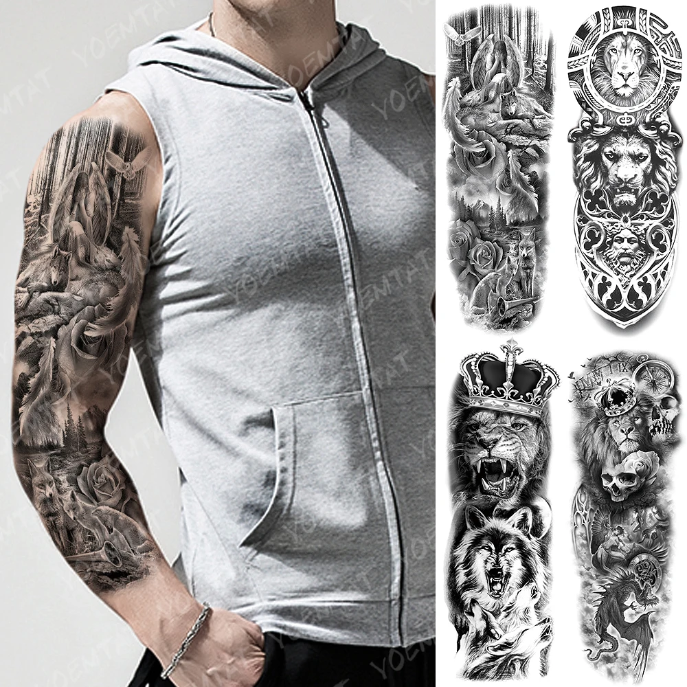 

Large Arm Sleeve Tattoo Forest Rose Feather Waterproof Temporary Tatto Sticker Angel King Wolf Lion Body Art Full Fake Tatoo