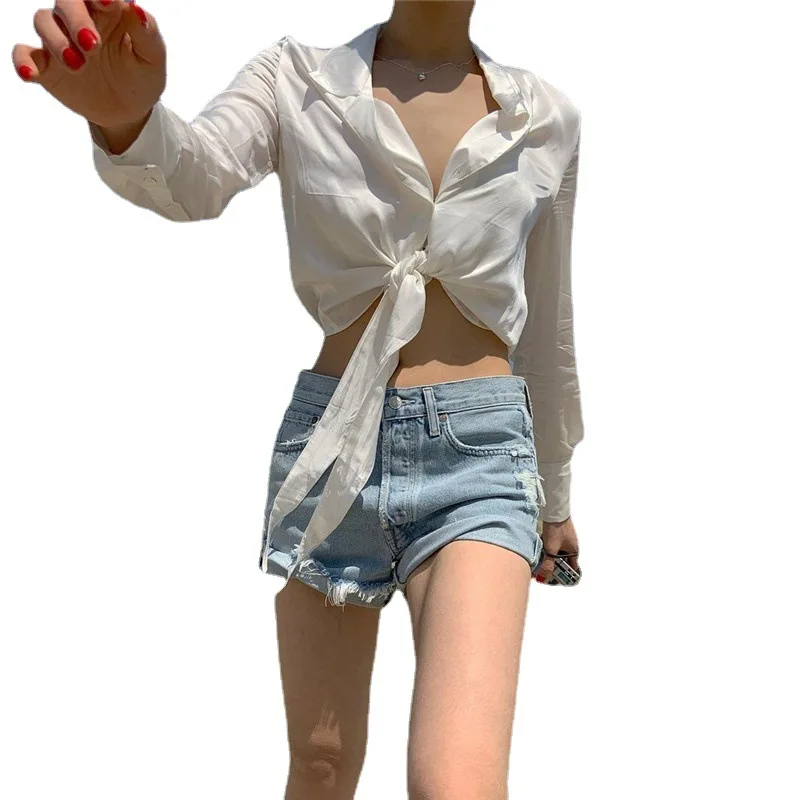 

Women's light-groomed wind lapel open umbilical cord strap satin solid-colored long-sleeved shirt top 2021 new