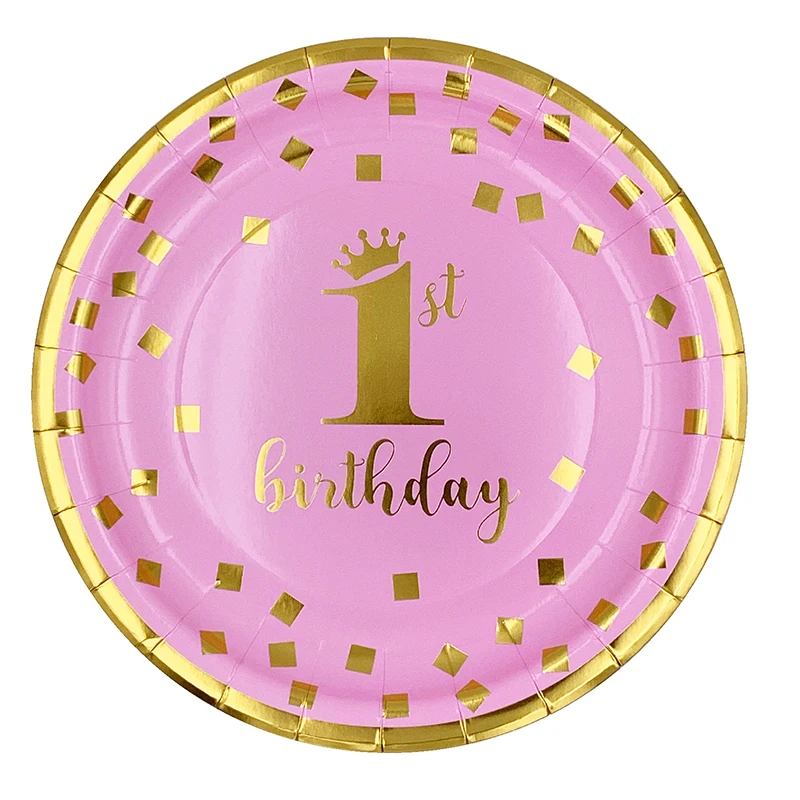

Disposable Tableware Set Decor First Birthday Baby Shower Bronzing Paper Tray Kids Plates Napkins Party Supplies Decorations