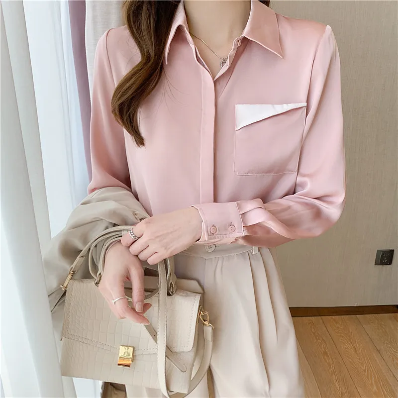 

Новинка 2021, Розовая атласная рубашка с длинными рукавами и карманами в стиле ретро, модные женские топы в Корейском стиле, рубашка на пугови...