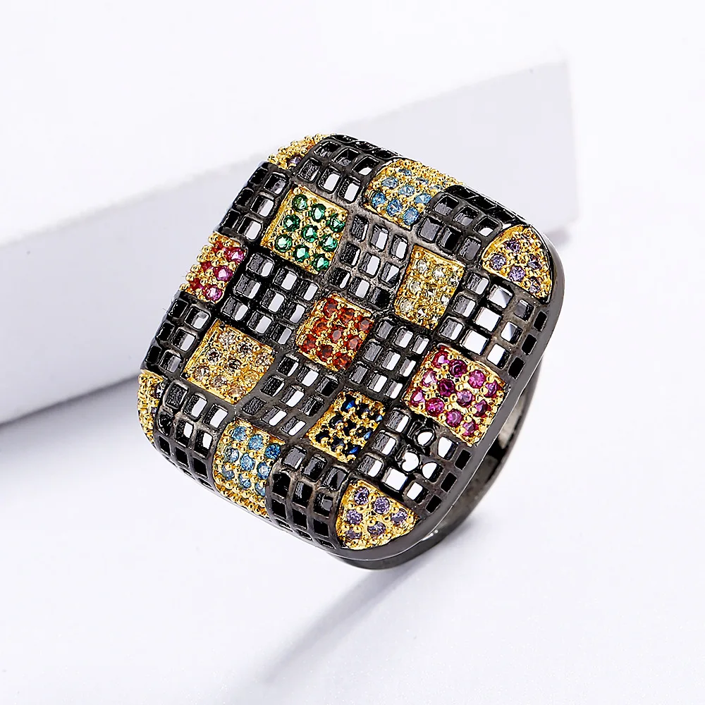 

Retro Handwork Colored Zircon Square Ring Square Hollow Black Gold Ring Ladies Fashion Jewelry Party Birthday Cocktail Gift